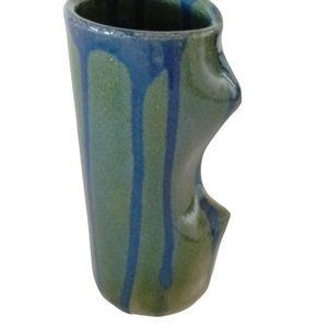 Artisan Blue Green Vase Rustic Primitive Drip Glaze